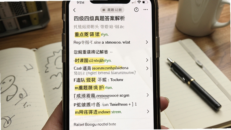 英语四级真题答案解析页面,手机屏幕显示题目与详细解析对照,重点词汇用黄色高亮标注,背景是书房桌面,有笔记本和签字笔,适配Boogu模型生成