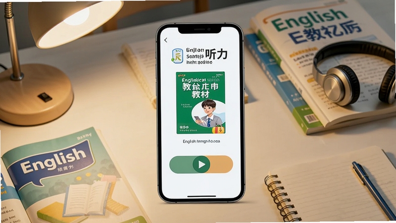 画面中央放置一部智能手机,屏幕上显示初中英语听力软件的主界面,界面上有教材封面和播放按钮,背景区域是整洁的书桌,桌面上散落着初中英语课本、耳机和笔记本,暖色调台灯光线从左上角照下,整体风格清新写实,适配教育类软件展示场景