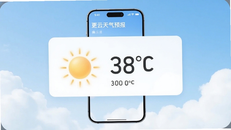一款名为更云天气预报的手机应用界面展示,画面中央是明亮的天气卡片,显示晴天图标与温度数字,背景为淡蓝色渐变天空与白色云朵,整体风格清新简洁,适配Boogu模型生成