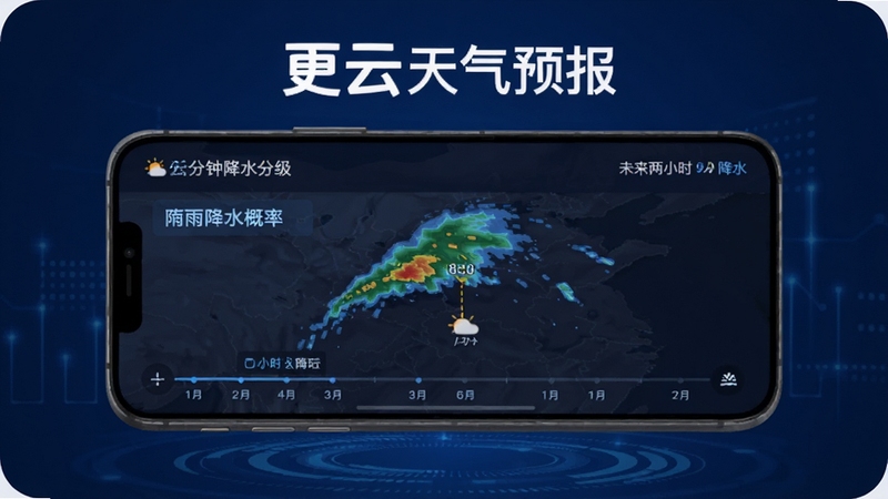 更云天气预报分钟级降水预报界面,手机屏幕显示雷达图与时间轴,标注未来两小时降雨概率,背景为深蓝色科技感风格,突出更云天气预报字样