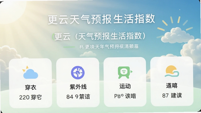 更云天气预报生活指数页面,展示穿衣、紫外线、运动等图标与建议文字,界面以白色和浅绿色为主,背景有柔和阳光与云朵元素,体现更云天气预报的实用功能