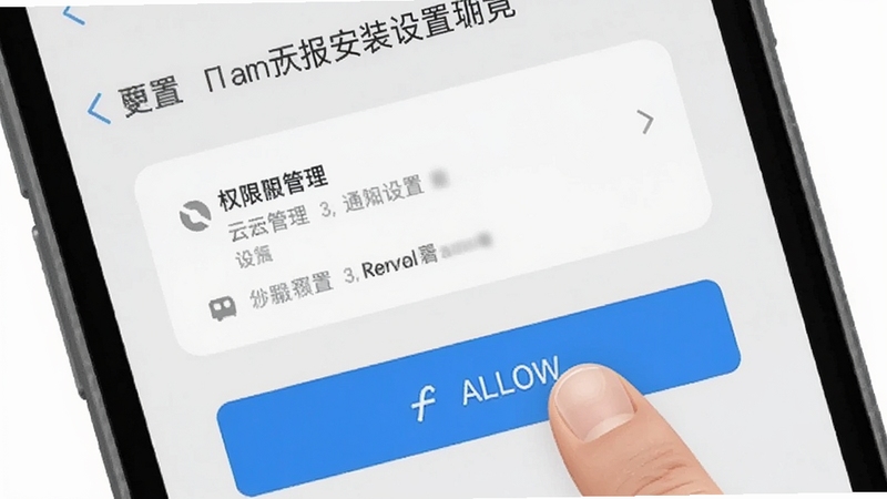 更云天气预报安装设置界面示意图,手机屏幕展示权限管理与通知设置选项,背景为浅灰色,画面中有手指点击允许按钮的动作,风格简洁明了