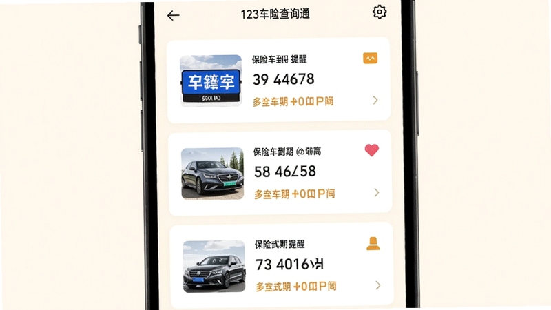 123车险查询通多车辆管理界面,手机屏幕显示三张车辆信息卡片纵向排列,每张卡片包含车牌号与保险到期提醒,背景为柔和米白色,整体风格清爽