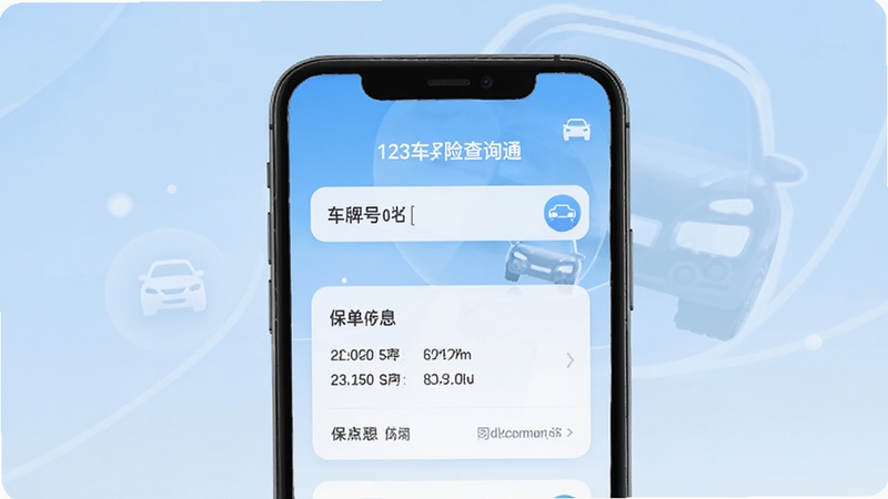 123车险查询通应用界面展示,手机屏幕中呈现车牌号输入框与保单信息卡片,背景为浅蓝色渐变,界面元素简洁清晰,带有汽车图标装饰