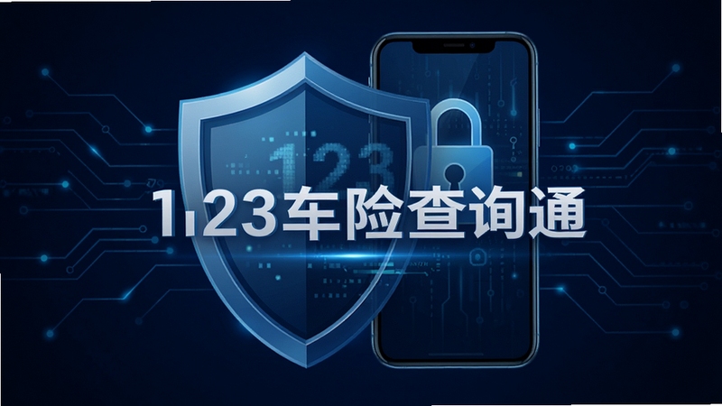 123车险查询通隐私安全概念图,盾牌图标与手机锁屏界面结合,背景为深蓝色科技感线条,画面中央显示数据加密字样,整体传递安全可靠视觉