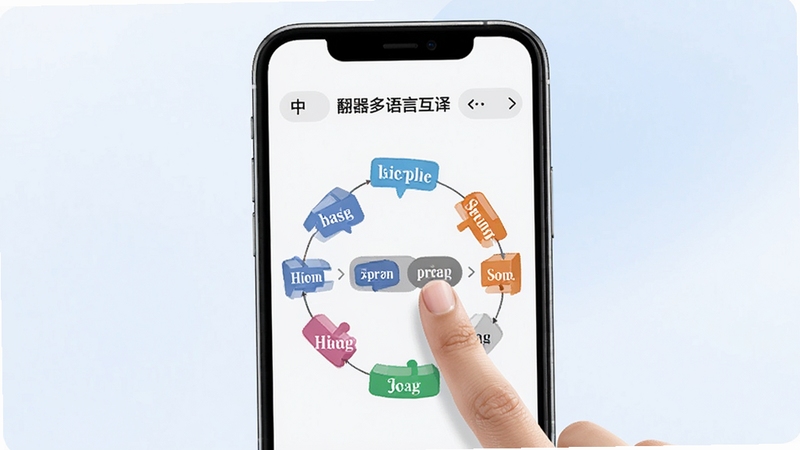 翻译器多语言互译功能展示图,画面中央一部智能手机屏幕显示中英俄日韩五种语言标签环绕排列,用户手指点击切换语言,背景为柔和蓝白渐变,突出翻译器软件名称与语言切换界面细节