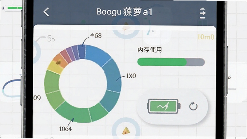 爱菠萝设备管理界面截图风格示意图,画面中展示手机屏幕内存储空间环形图、内存使用进度条和电池图标,背景为浅色网格,突出简洁直观的数据可视化,适配Boogu模型生成。