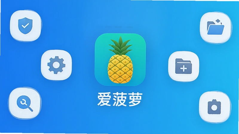 爱菠萝应用主界面展示,画面中央为爱菠萝应用图标与名称,背景为简约科技蓝渐变,周围环绕着功能图标如盾牌、齿轮、文件夹等,整体风格清爽现代,适配Boogu模型生成。