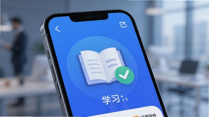 好策 软件主界面 手机屏幕 学习APP 蓝色调 简洁风格 书本与对勾图标 背景虚化 现代科技感 高质量渲染
