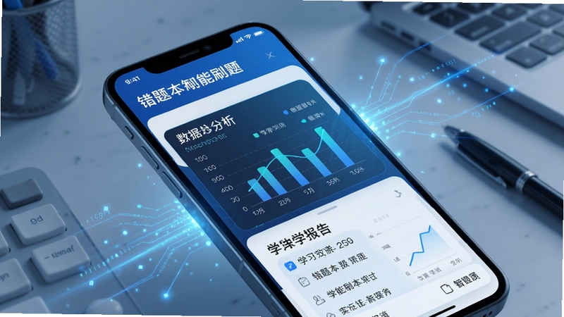 好策 智能刷题界面 手机屏幕展示 错题本 数据分析图表 学习报告 科技蓝光 动态感 细节清晰