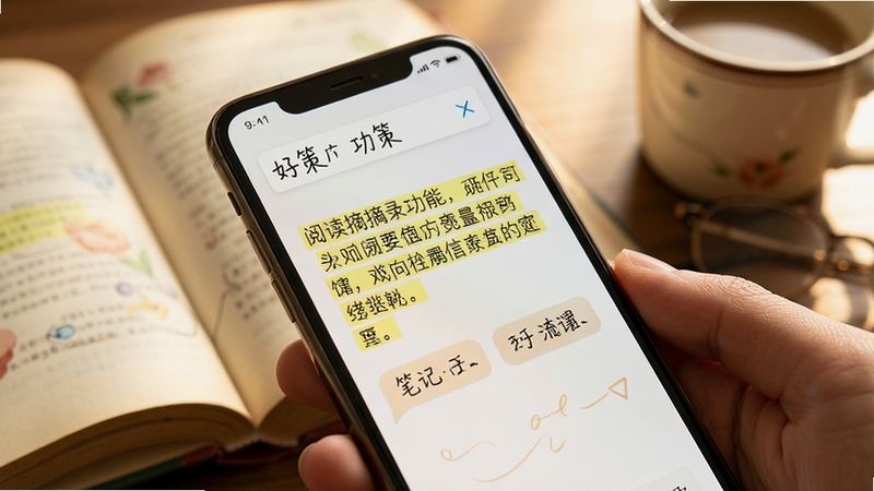 好策 阅读摘录功能 手机屏幕 高亮文本 笔记标签 文艺清新 暖色调 书本元素 细腻质感