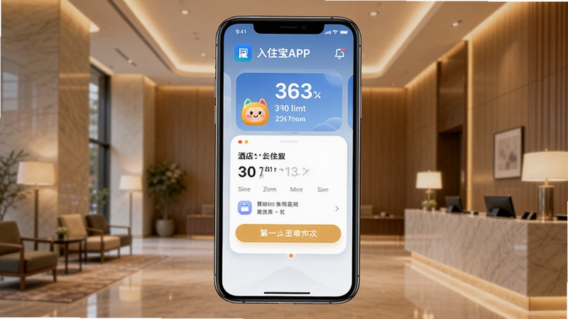 入住宝APP主界面展示,手机屏幕中央显示酒店入住信息卡片,背景为简约现代风格的酒店大堂,暖色调灯光,画面清晰明亮,突出软件图标和核心功能区域,适配Boogu模型生成