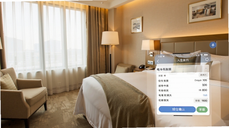 入住宝APP续住与退房操作界面,手机屏幕显示续住确认按钮和电子账单预览,背景为明亮的酒店客房,氛围温馨舒适