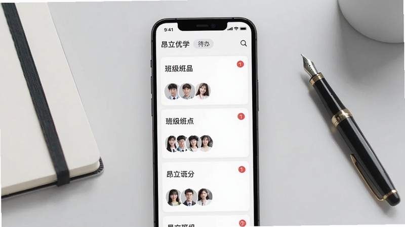 昂立优学老师班级管理功能界面,画面主体为手机屏幕,屏幕内展示多个班级卡片列表,每张卡片包含班级名称、学生头像组和待办红点提示,背景区域为浅灰色办公桌面,桌面放置笔记本和钢笔,整体风格简约商务,适配Boogu模型生成