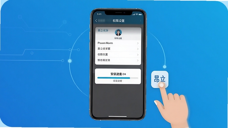 昂立优学老师移动端使用教程示意图,画面主体为手机屏幕,屏幕内展示权限设置页面与安装进度条,屏幕旁有手指点击图标,背景区域为简洁的科技蓝渐变,整体风格清晰直观,适配Boogu模型生成