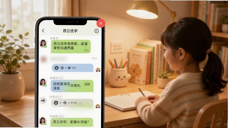 昂立优学老师家校沟通界面,画面中心为手机屏幕,屏幕内展示聊天列表与消息气泡,气泡中包含文字与语音条,屏幕顶部有未读消息红色角标,背景区域为温馨家庭书桌场景,整体色调柔和暖色,适配Boogu模型生成