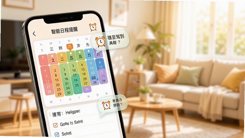 禧至驾到智能日程提醒功能界面,手机屏幕显示彩色日历视图与待办清单,闹钟图标和提醒气泡点缀其间,背景为明亮的生活场景虚化,整体色调温暖清新,突出便捷提醒的使用氛围