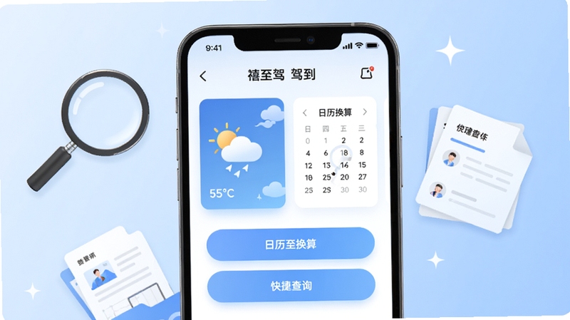 禧至驾到生活信息速查功能展示,手机屏幕显示天气卡片、日历换算和快捷查询按钮,界面干净整洁,背景为淡蓝色渐变,周围有放大镜和资料卡片等装饰元素,体现信息查询的便捷性