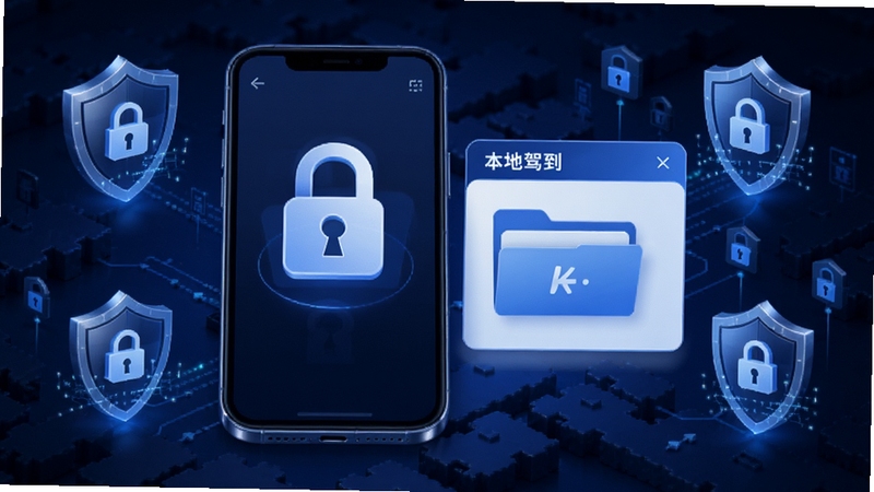 禧至驾到数据本地化存储概念图,手机屏幕显示锁形图标与本地文件夹界面,背景为深蓝色安全防护纹理,周围有盾牌和数据加密符号,体现隐私保护与离线可用的产品理念