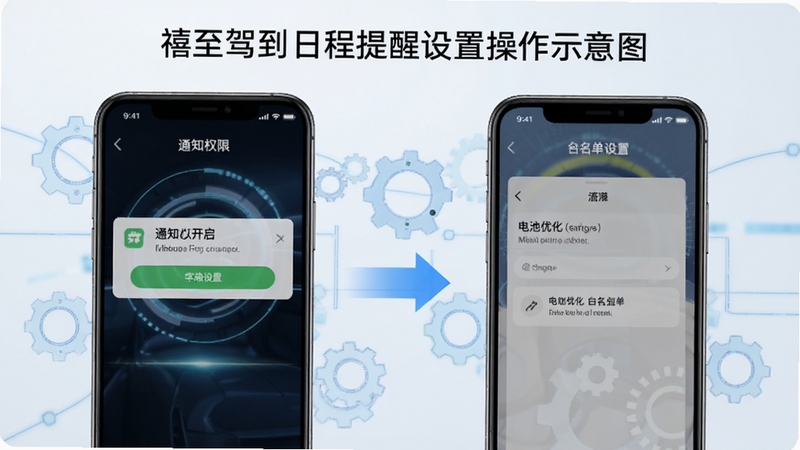 禧至驾到日程提醒设置操作步骤示意图,手机屏幕分屏展示通知权限开启和电池优化白名单设置界面,背景为浅色科技感线条与齿轮图标,突出设置流程的清晰指引