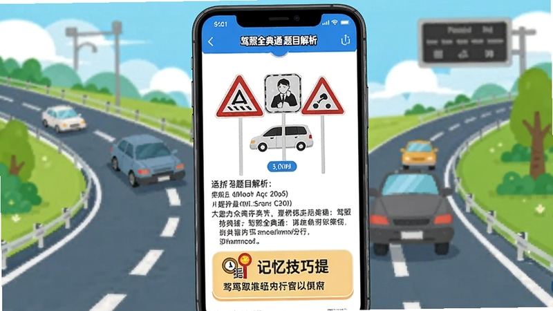 驾照全典通 题目解析页面,手机屏幕展示一道交通标志选择题,下方有详细文字解析与记忆技巧提示框,背景为道路交通场景插画,色彩鲜明,突出解析的易懂性
