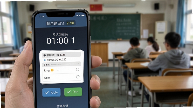 驾照全典通 模拟考试进行中界面,手机屏幕显示考试倒计时、答题卡与单选按钮,顶部有剩余题目数量提示,背景为考场教室虚化画面,氛围安静专注,突出模拟考试的真实感
