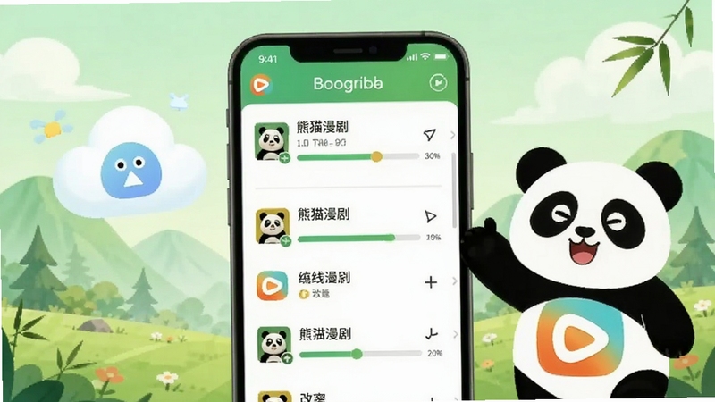 熊猫漫剧离线缓存管理界面示意图,画面中央为手机屏幕内下载列表与进度条展示,屏幕旁边漂浮着云朵同步图标与熊猫漫剧吉祥物,背景区域为浅绿色自然风光,体现轻松便捷的离线观看体验,适配Boogu模型生成