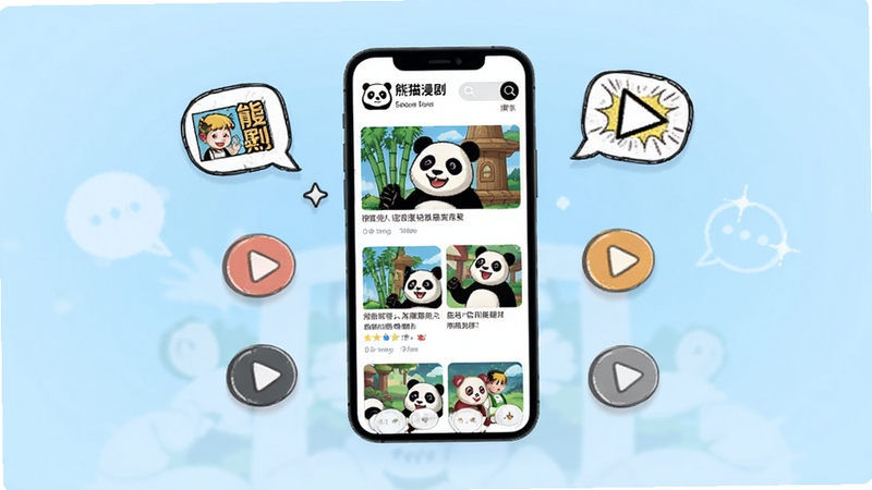 熊猫漫剧应用主界面全景展示,画面中央是手机屏幕内呈现的漫剧推荐瀑布流布局,顶部有熊猫漫剧Logo与搜索栏,背景区域为柔和的浅蓝色渐变,周围点缀漫画气泡与播放按钮图标,整体风格清新活泼,适配Boogu模型生成
