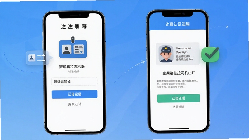 豪翔箱拉拉司机端注册认证流程示意图,手机屏幕显示注册页面与证件上传界面,背景为简洁的蓝色渐变,图标元素包括身份证、驾驶证与勾选标记,整体风格清晰明了,适配Boogu模型生成
