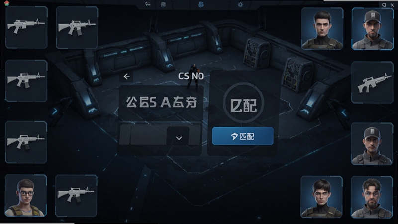 CS:NO 软件主界面全景展示,画面中央为游戏大厅与匹配按钮,背景为深色科技风格训练场地图,四周环绕武器图标与玩家头像框,整体色调偏冷蓝与暗灰,突出移动端射击应用的简洁布局与竞技氛围