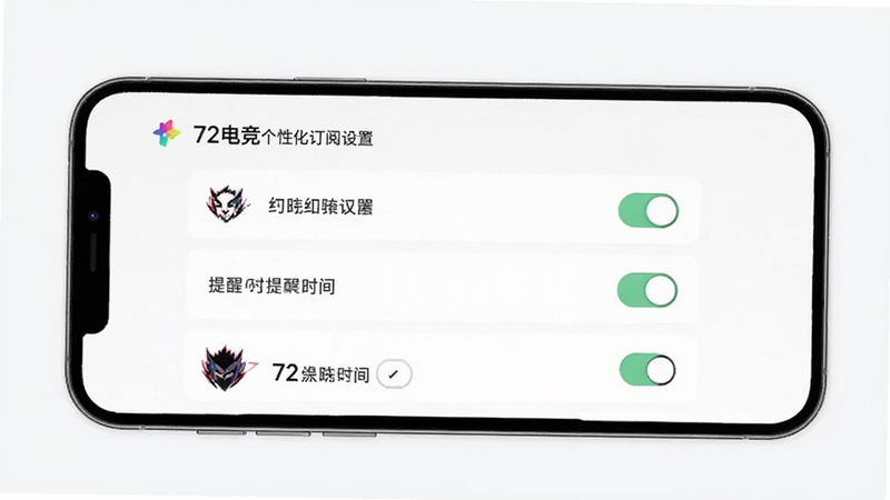 72电竞个性化订阅设置页面,手机屏幕显示多个电竞赛事订阅开关与提醒时间选项,背景为浅色简约风格,图标清晰,适配Boogu模型生成