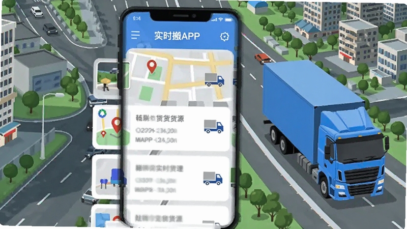货车拉货搬APP界面截图风格插图,展示手机屏幕中附近货源列表,有地图定位图标和货车图标,背景为城市道路俯瞰图,画面右侧有一辆蓝色货车正在行驶,整体色调清新,体现实时匹配功能