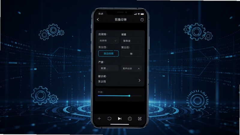 剪印象剪辑高清导出设置界面,画面中心是手机屏幕显示分辨率选择菜单和进度条,背景为深蓝色科技感空间,有数据流和齿轮图标点缀,突出导出处理过程