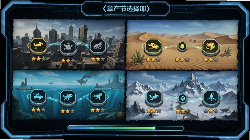 直升机逃生游戏章节选择地图,展示城市沙漠海洋雪山四大区域,每个区域有若干关卡节点与星级评价,界面带有科技感边框与进度条
