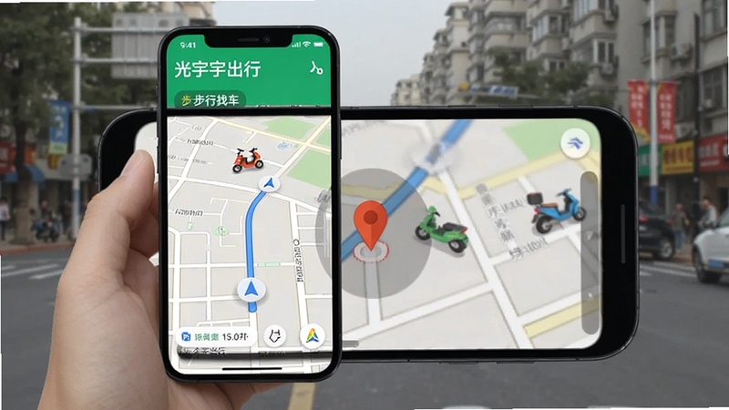 光宇出行 手机导航 步行找车 街道地图 电动车图标 定位 场景
