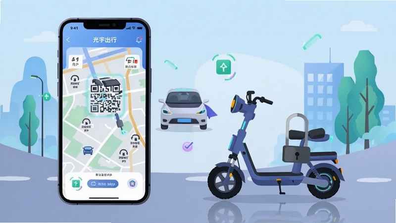 光宇出行App地图界面展示周边车辆 用户手机扫码解锁电动车 科技感扁平插画