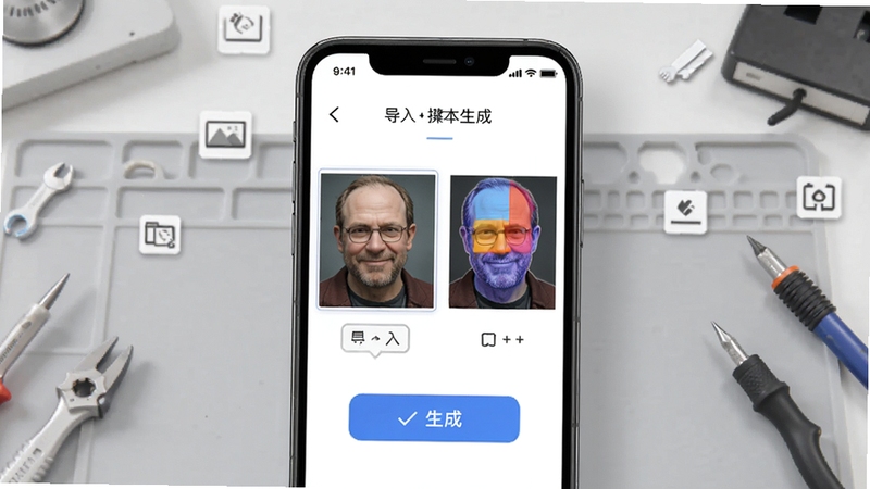 对抗大王一键生成对抗样本功能展示图,画面主体为手机界面显示导入图片后点击生成按钮的瞬间,屏幕中原始图片与对抗样本并排对比,差异区域用高亮色块标注,背景为浅灰色工作台,周围有工具图标点缀,整体风格干净利落,突出操作简便性