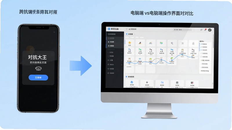 对抗大王移动端与电脑端操作界面对比示意图,左侧为手机竖屏显示简洁操作面板,右侧为电脑横屏显示完整功能菜单,中间用箭头连接表示数据互通,背景为浅蓝色渐变,整体风格清新易懂,突出跨设备使用场景