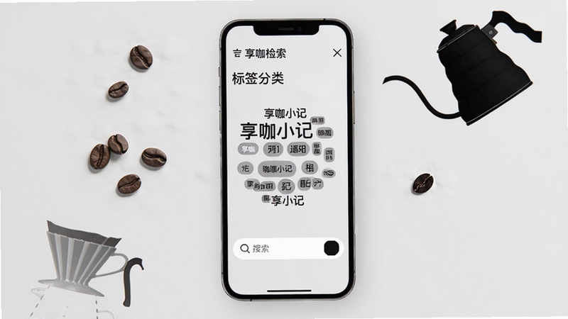 享咖小记 标签分类检索界面,手机屏幕展示标签云与搜索框,背景为淡灰色极简风格,周围散落咖啡豆与手冲壶剪影,画面干净利落,强调检索功能的便捷性
