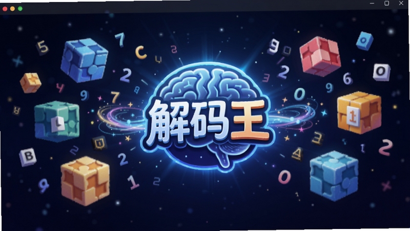 软件主界面全景展示,画面中央悬浮着发光的脑力流光解码王Logo,四周环绕着五彩斑斓的解谜方块与数字符号,背景为深蓝色渐变星空,整体呈现科技感与益智氛围,适配Boogu模型生成,比例16:9