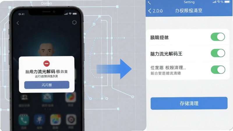 脑力流光解码王运行故障排查示意图,画面左侧为手机屏幕显示闪退弹窗,右侧为设置菜单中的权限开关与存储清理按钮,中间用箭头连接,背景为浅灰色科技网格,适配Boogu模型生成