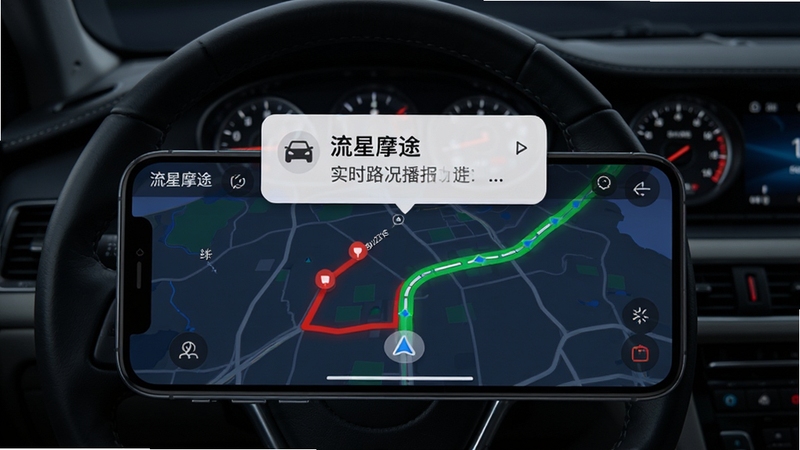 流星摩途实时路况播报功能界面,画面主体为手机横屏显示导航地图,地图上标注红色拥堵路段与绿色畅通路段,屏幕上方弹出路况提醒卡片,背景为深色驾驶舱氛围,细节包括方向盘轮廓与仪表盘虚化影像,风格写实科技感