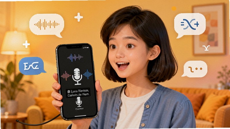 章鱼翻译官语音翻译功能使用场景图,画面中央展示一位用户手持手机对着麦克风图标说话,手机屏幕显示声波波纹与中英双语字幕,背景区域用暖色调渐变填充,体现日常沟通氛围,周围点缀对话气泡与翻译符号