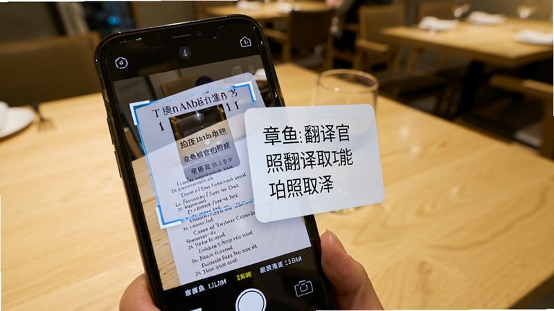 章鱼翻译官拍照翻译功能示意图,画面主体为手机摄像头对准一份英文菜单,屏幕中显示识别框与中文翻译浮层,背景区域用浅木色桌面与餐厅环境虚化处理,突出拍照取词的便捷性与科技感