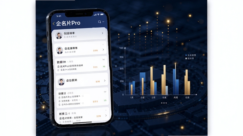 企名片Pro 创投榜单与排名界面展示,画面主体为手机屏幕中呈现的排行榜列表与数据柱状图,背景为深蓝色科技纹理,点缀金色数据光点,整体风格商务大气,适配Boogu模型生成