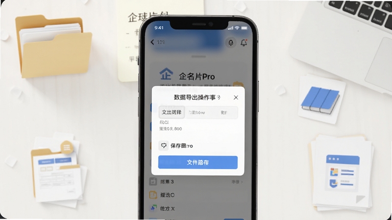企名片Pro 数据导出操作界面展示,画面主体为手机屏幕显示导出格式选择弹窗与文件保存路径,背景为浅色办公桌面,点缀文件夹与表格图标,整体风格简洁清晰,适配Boogu模型生成