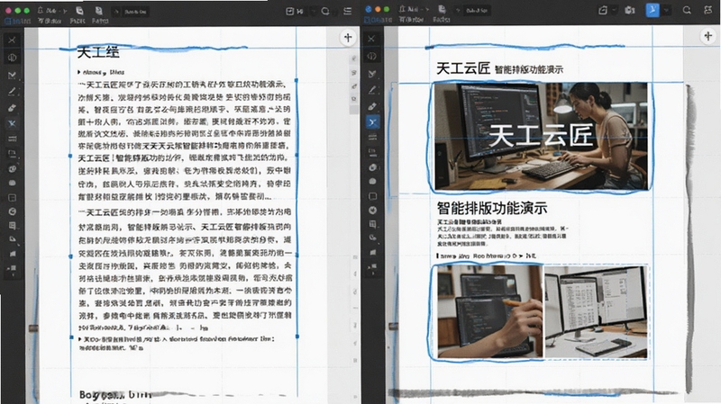 天工云匠 智能排版功能演示,画面展示文字自动对齐与图文混排效果,左侧为原始文本,右侧为排版后成品,背景为纯白设计画布,界面带有蓝色高亮辅助线,适配Boogu模型生成