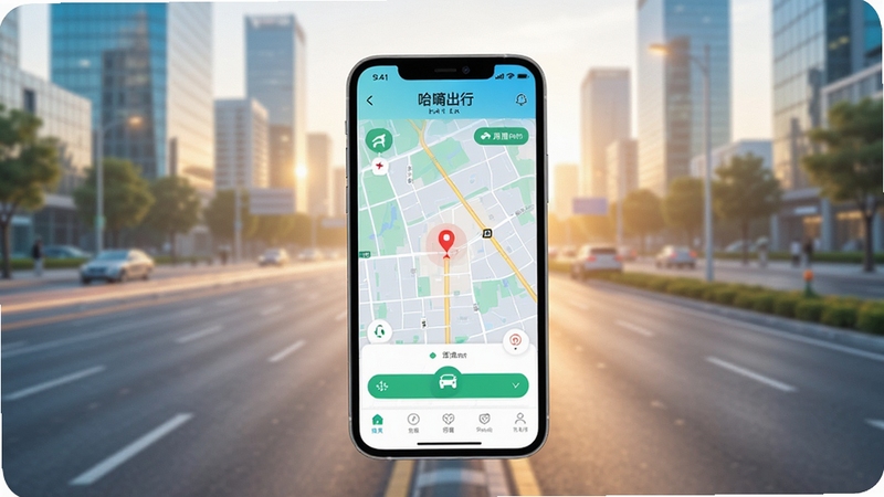 哈嘀出行 软件主界面全貌预览图,画面中心展示一部智能手机,屏幕显示哈嘀出行APP的地图叫车界面,背景为现代城市道路与晨光交织的柔和场景,整体色调清爽明亮,突出出行便捷感