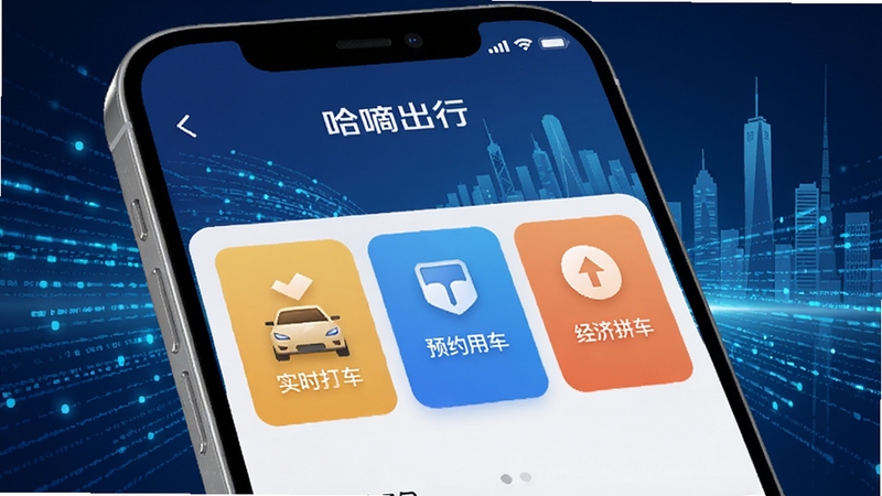 哈嘀出行 多模式叫车功能界面展示图,画面呈现手机屏幕特写,界面中清晰显示实时打车、预约用车、经济拼车三个大按钮,背景为科技感十足的蓝色数据流线条与城市剪影融合,风格简洁商务
