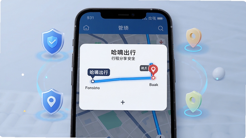 哈嘀出行 行程分享安全界面预览图,画面展示手机屏幕上的行程分享弹窗,地图上有一条高亮的行车路线,起点与终点清晰标注,周围有盾牌与定位图标环绕,整体氛围安全可靠